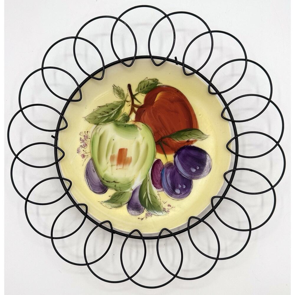 Vintage Hand Painted Fruit Plate 7.25" Apple Dish Black Wire Scroll Frame Japan